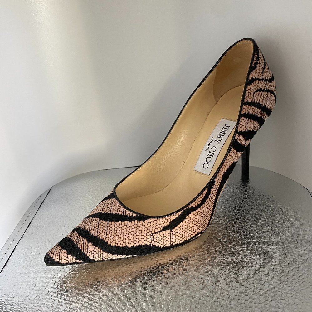 Jimmy Choo Agnes Light Pink Suede & Black Lace Covered Heels Size 36.5